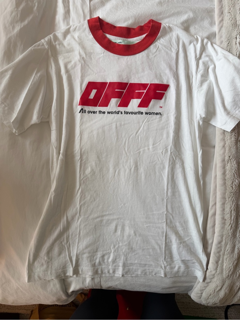 Off-White White Tee with Red Logo and Red Collar